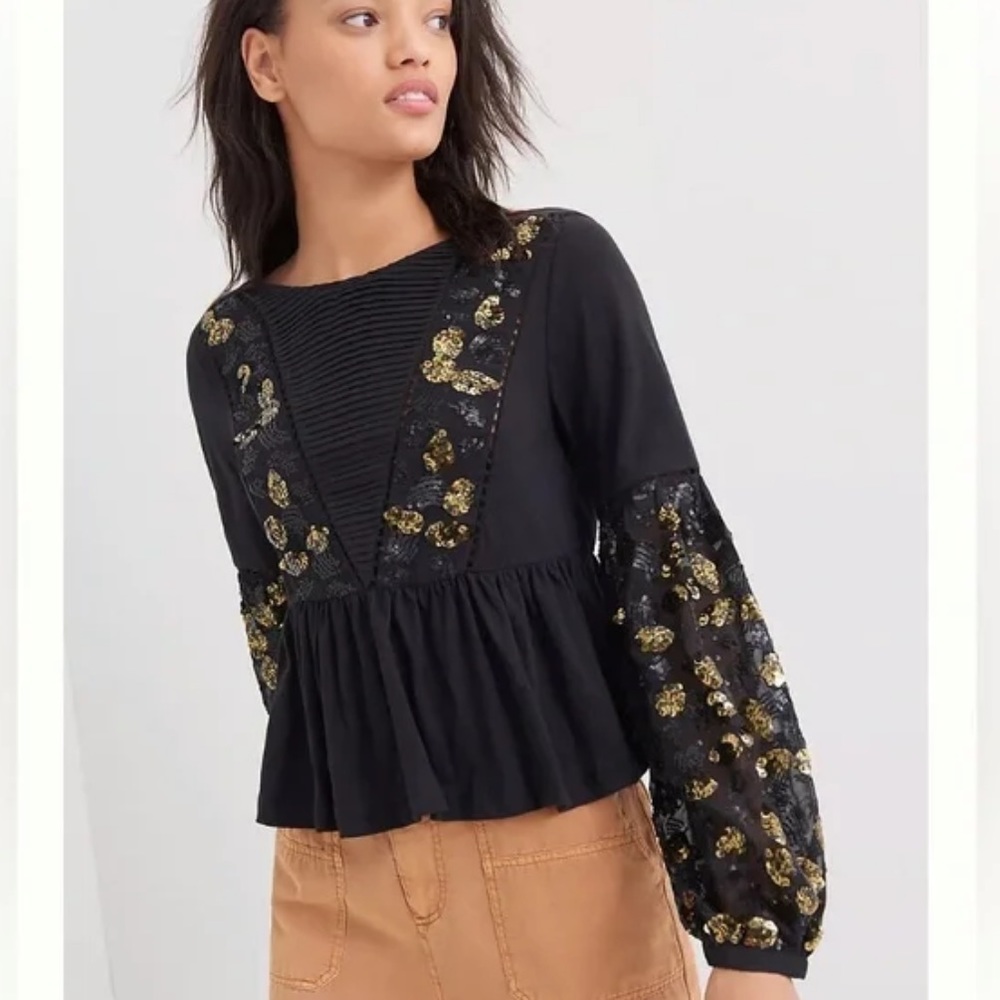 Anthropologie Black/Gold Neale Sequin Peplum Top